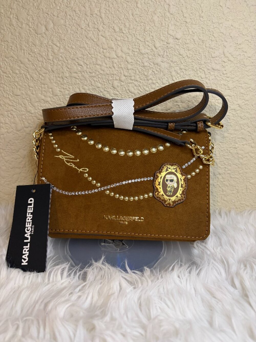 Karl Lagerfeld Paris Lourdes Embellished Suede Crossbody Bag Brown NWT